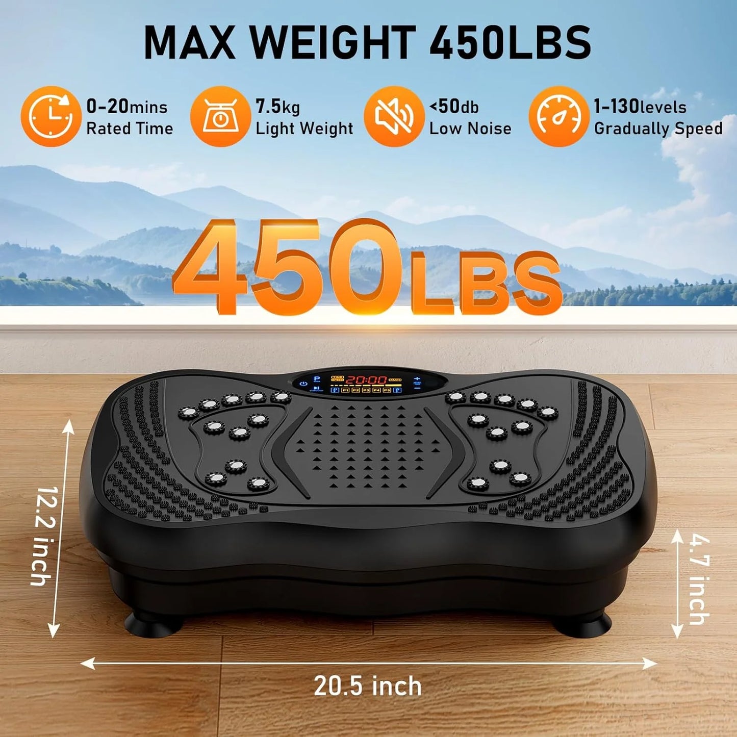 Vibration Plate Exercise Machine, 130 Levels Full Body Workout Vibrating Plate for Lymphatic Drainage Weight Loss, 450 Lbs Capacity Shake Fitness Platform with Resistance Bands Bluetooth for Women Men